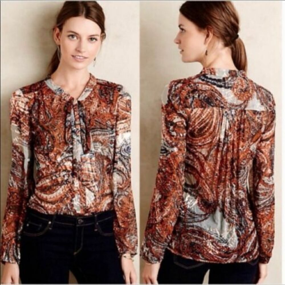 Meadow Rue Paisley Tie Neck Blouse Small Anthropologie